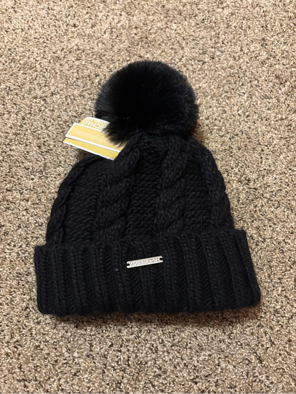 NWT Michael Kors Black Cable Knit Beanie with Faux Fur Pom